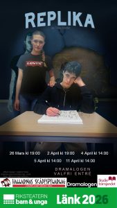 Affisch för länk med datum. Kille som sitter, en tjej står bakom med handen på hans axel